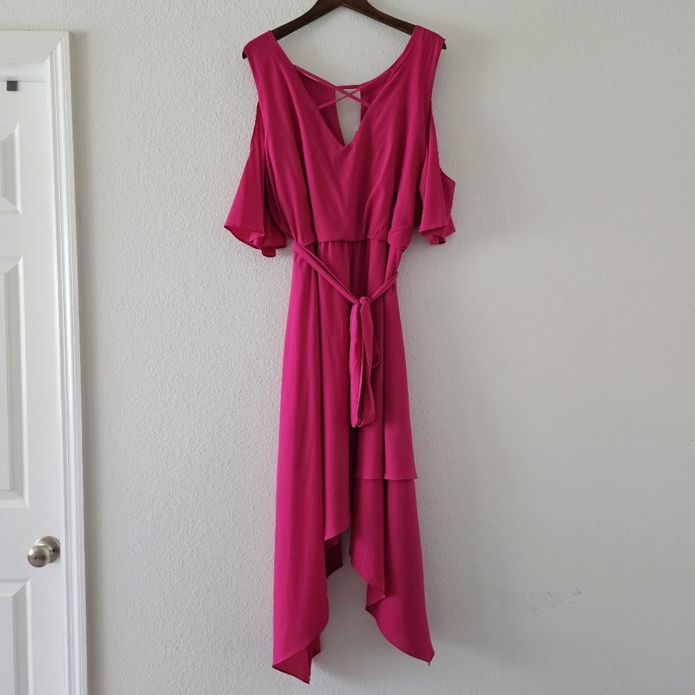 Lane Bryant cold shoulder dress sz 20 pink shark bite hem tie belt NWT - Picture 9 of 15
